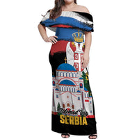 Serbia Statehood Day Off Shoulder Maxi Dress Saint Sava with Serbian Eagle