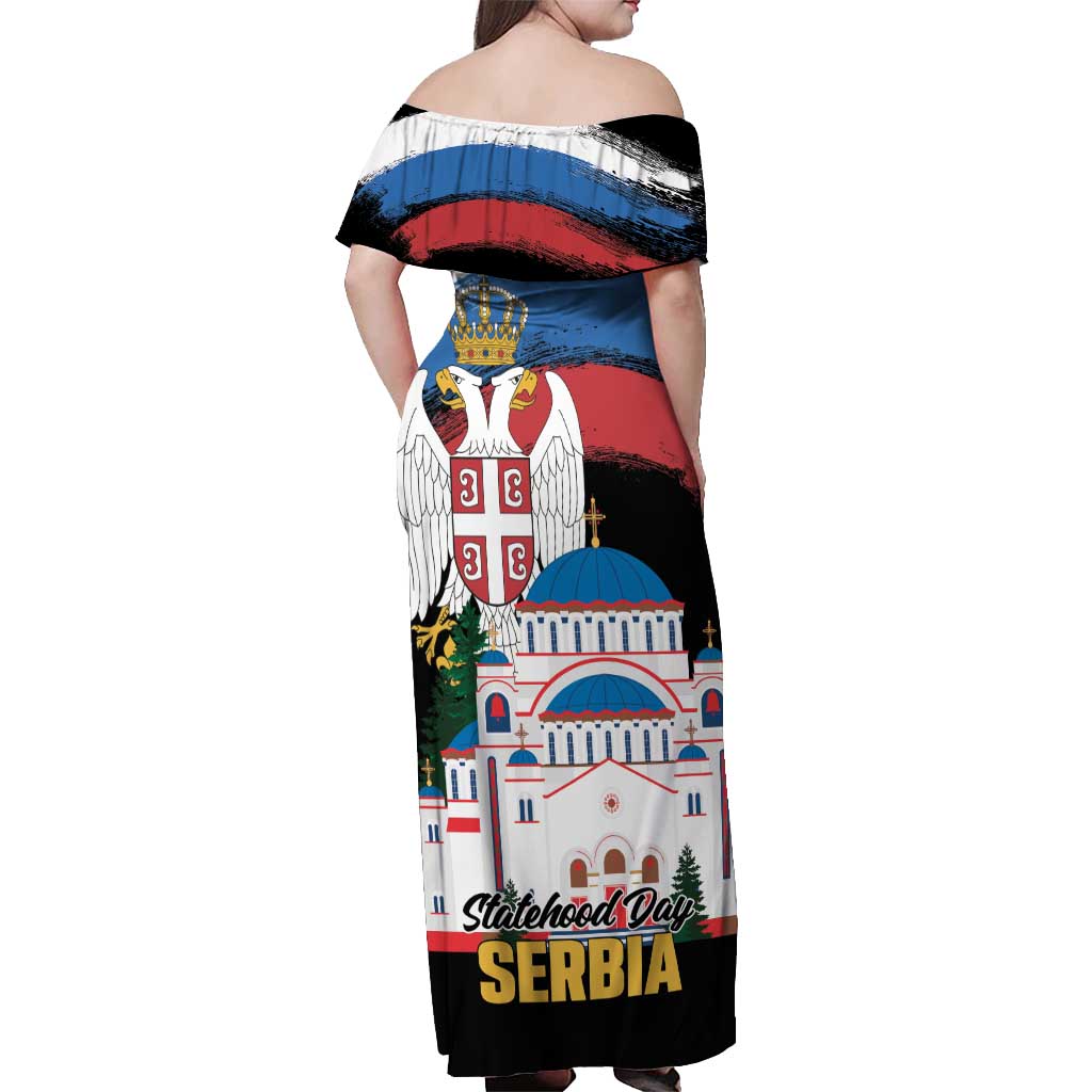 Serbia Statehood Day Off Shoulder Maxi Dress Saint Sava with Serbian Eagle