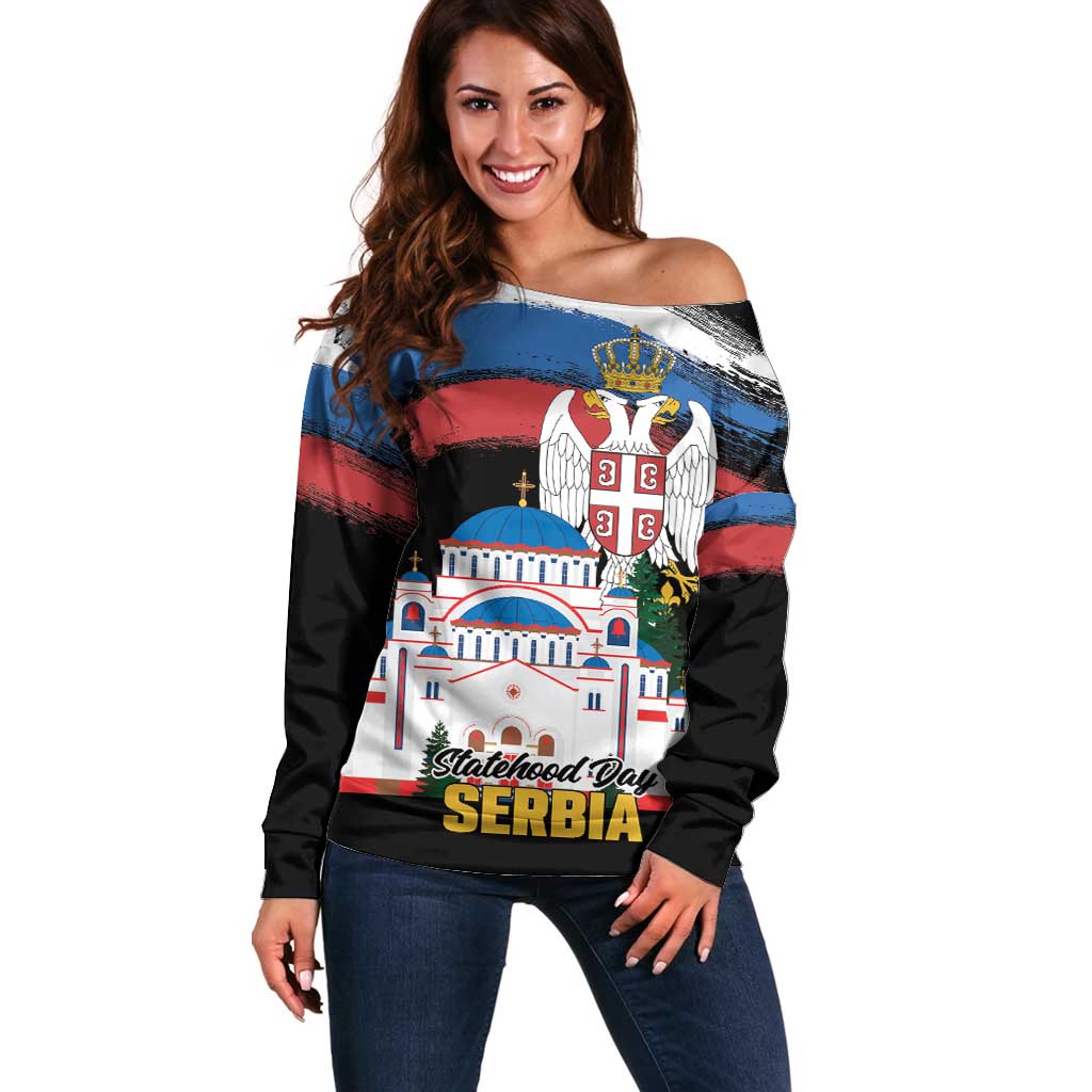 Serbia Statehood Day Off Shoulder Sweater Saint Sava with Serbian Eagle