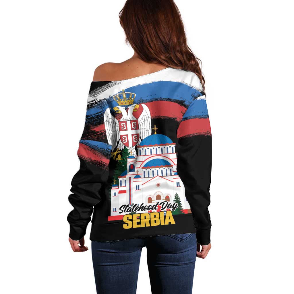Serbia Statehood Day Off Shoulder Sweater Saint Sava with Serbian Eagle