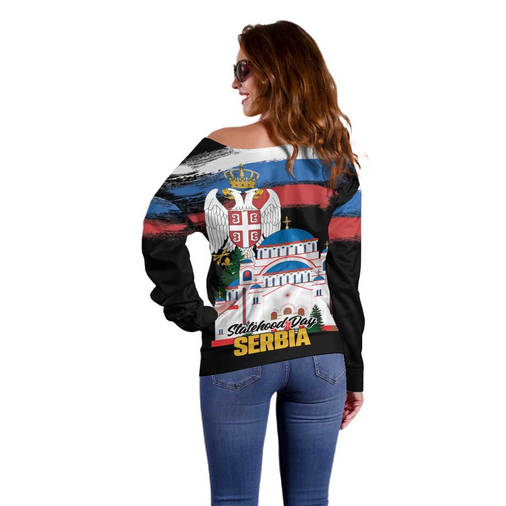 Serbia Statehood Day Off Shoulder Sweater Saint Sava with Serbian Eagle