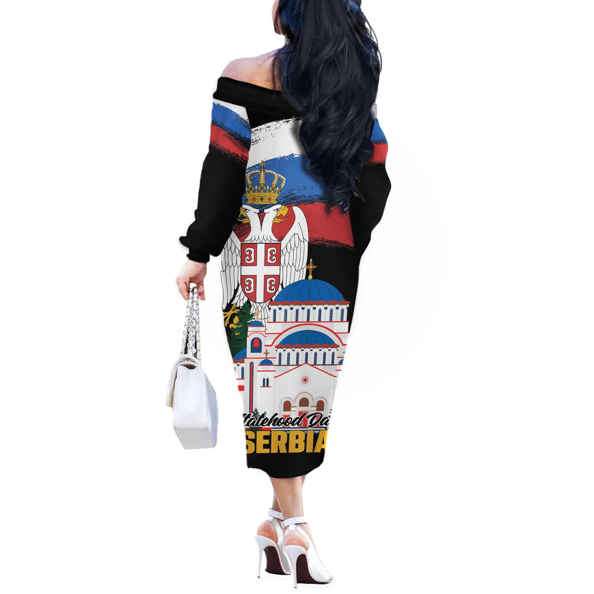 Serbia Statehood Day Off The Shoulder Long Sleeve Dress Saint Sava with Serbian Eagle