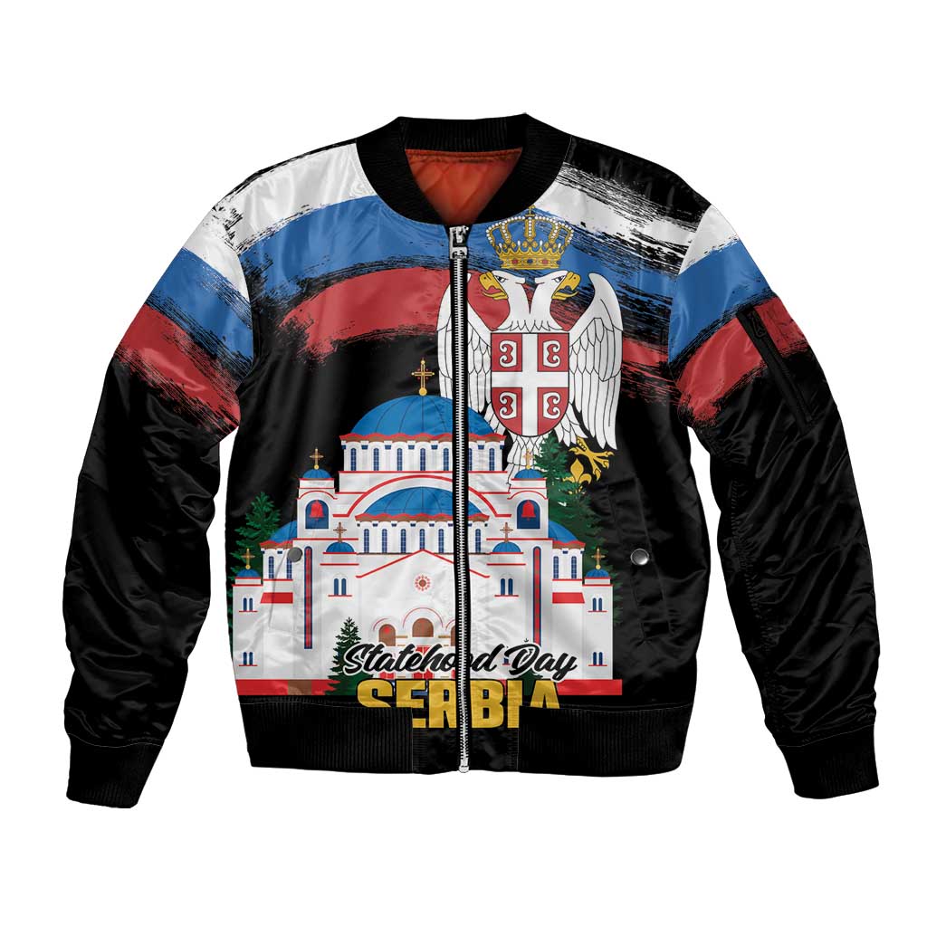 Serbia Statehood Day Sleeve Zip Bomber Jacket Saint Sava with Serbian Eagle