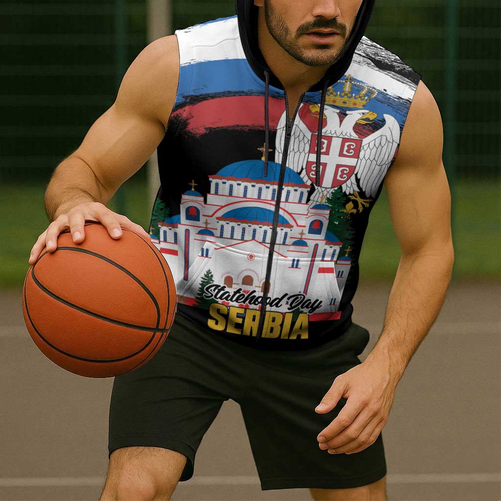 Serbia Statehood Day Sleeveless Zip Hoodie Saint Sava with Serbian Eagle