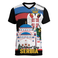 Serbia Statehood Day Women V-Neck T-Shirt Saint Sava with Serbian Eagle