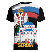Serbia Statehood Day Women V-Neck T-Shirt Saint Sava with Serbian Eagle