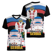 Serbia Statehood Day Women V-Neck T-Shirt Saint Sava with Serbian Eagle