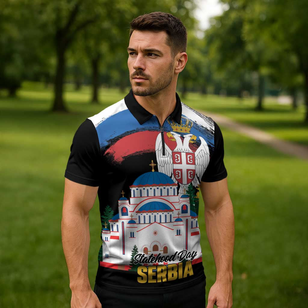 Serbia Statehood Day Zipper Polo Shirt Saint Sava with Serbian Eagle