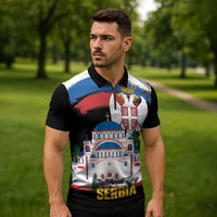 Serbia Statehood Day Zipper Polo Shirt Saint Sava with Serbian Eagle