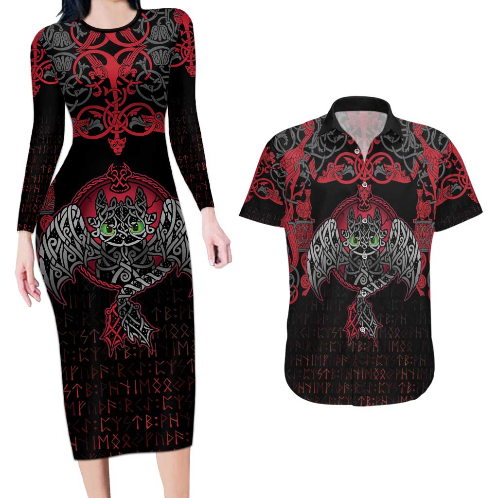 Black Dragon Vikings Couples Matching Long Sleeve Bodycon Dress and Hawaiian Shirt - Wonder Print Shop
