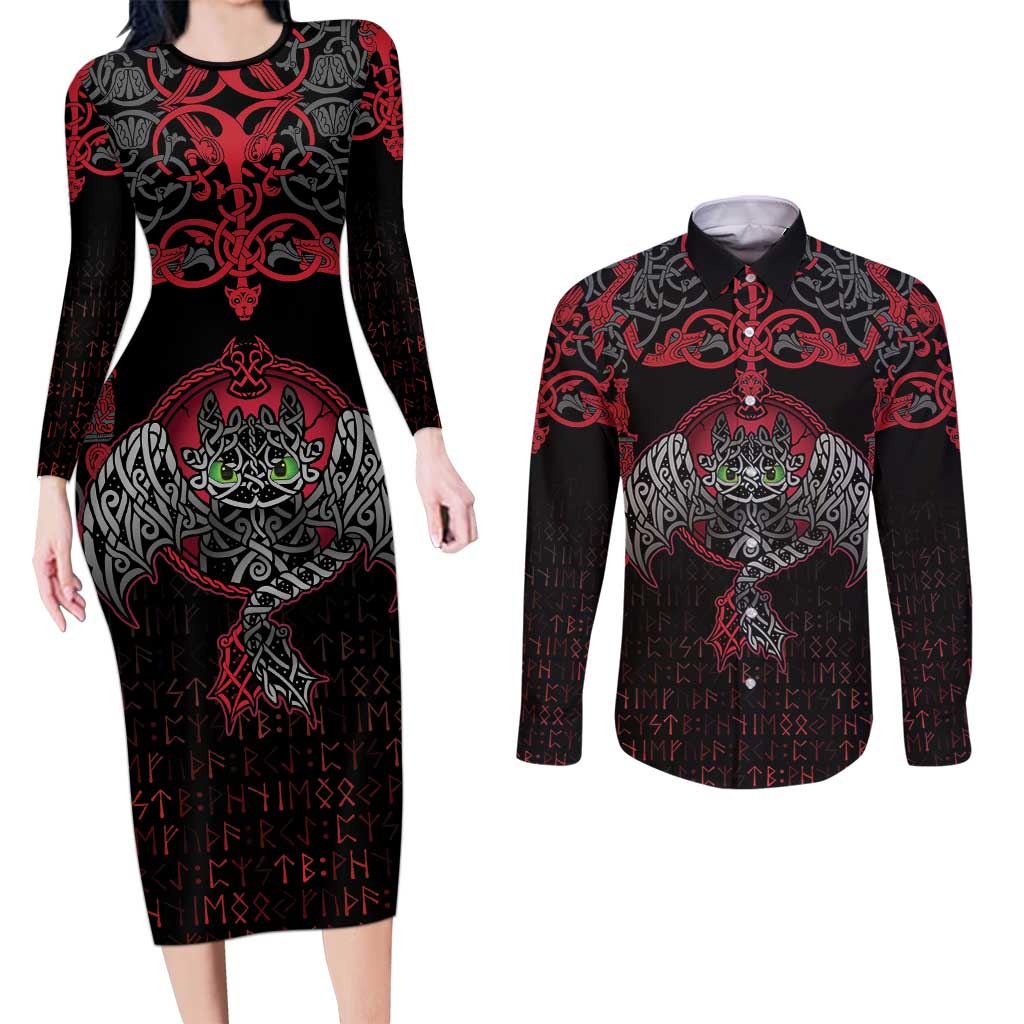 Black Dragon Vikings Couples Matching Long Sleeve Bodycon Dress and Long Sleeve Button Shirt - Wonder Print Shop