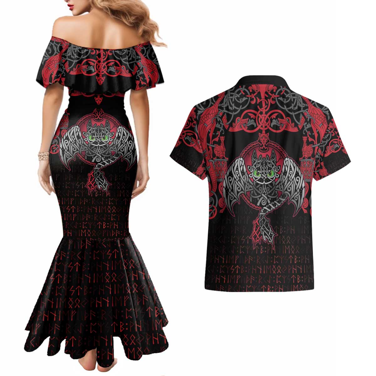 Black Dragon Vikings Couples Matching Mermaid Dress and Hawaiian Shirt - Wonder Print Shop