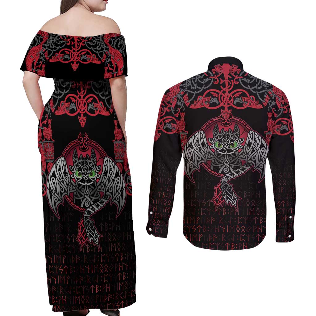 Black Dragon Vikings Couples Matching Off Shoulder Maxi Dress and Long Sleeve Button Shirt - Wonder Print Shop