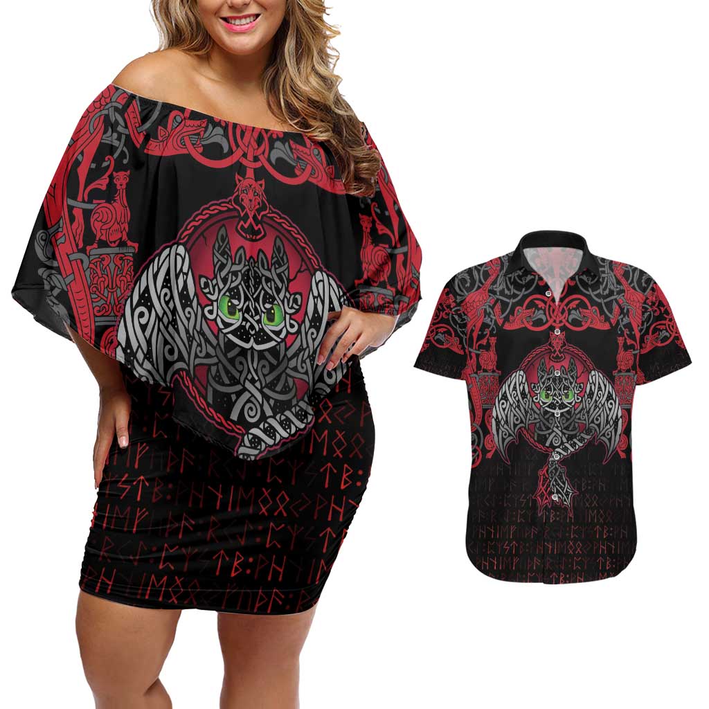 Black Dragon Vikings Couples Matching Off Shoulder Short Dress and Hawaiian Shirt - Wonder Print Shop
