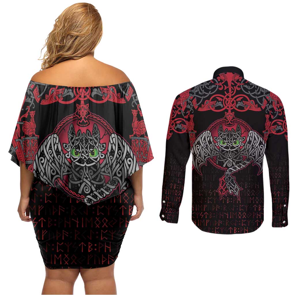 Black Dragon Vikings Couples Matching Off Shoulder Short Dress and Long Sleeve Button Shirt - Wonder Print Shop