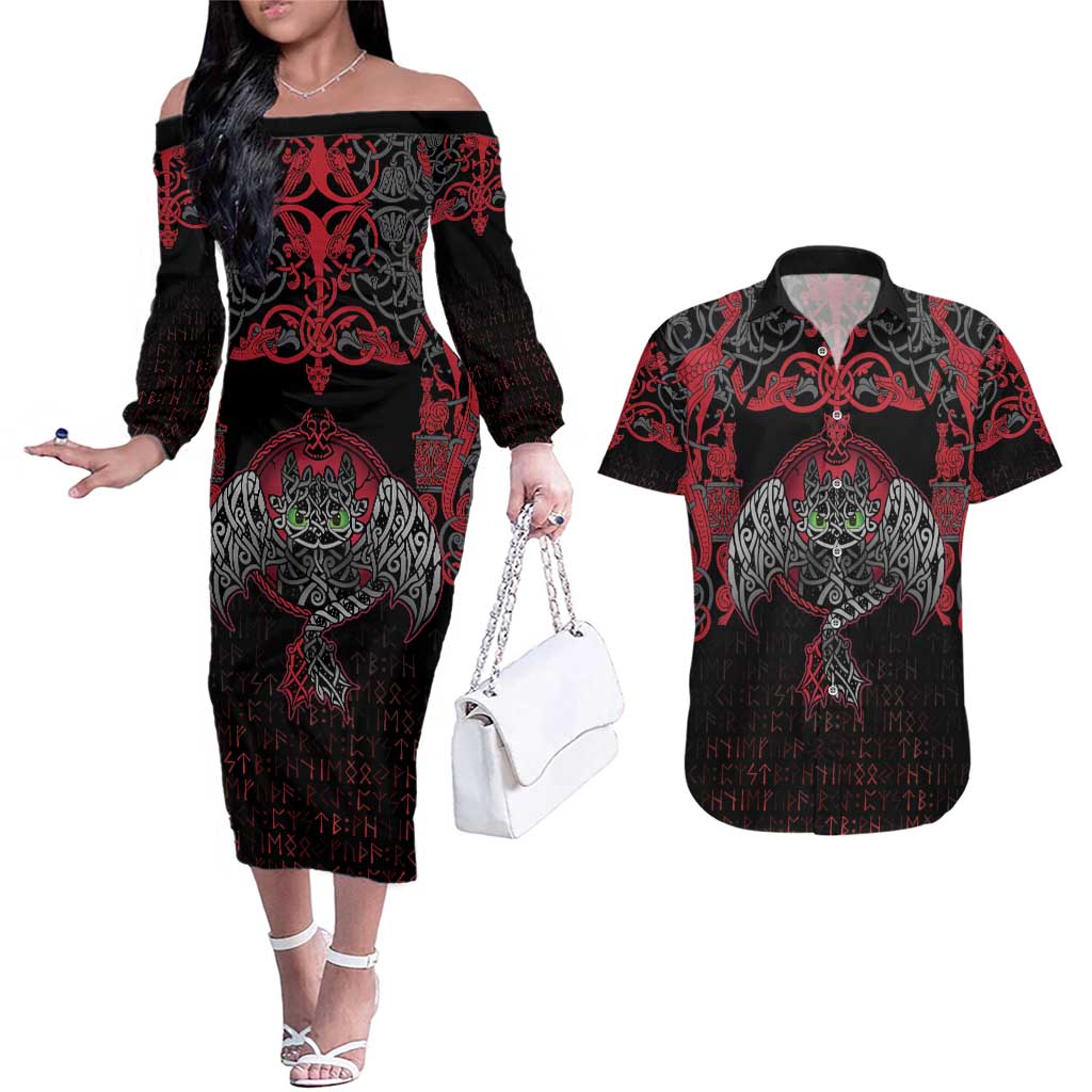 Black Dragon Vikings Couples Matching Off The Shoulder Long Sleeve Dress and Hawaiian Shirt - Wonder Print Shop