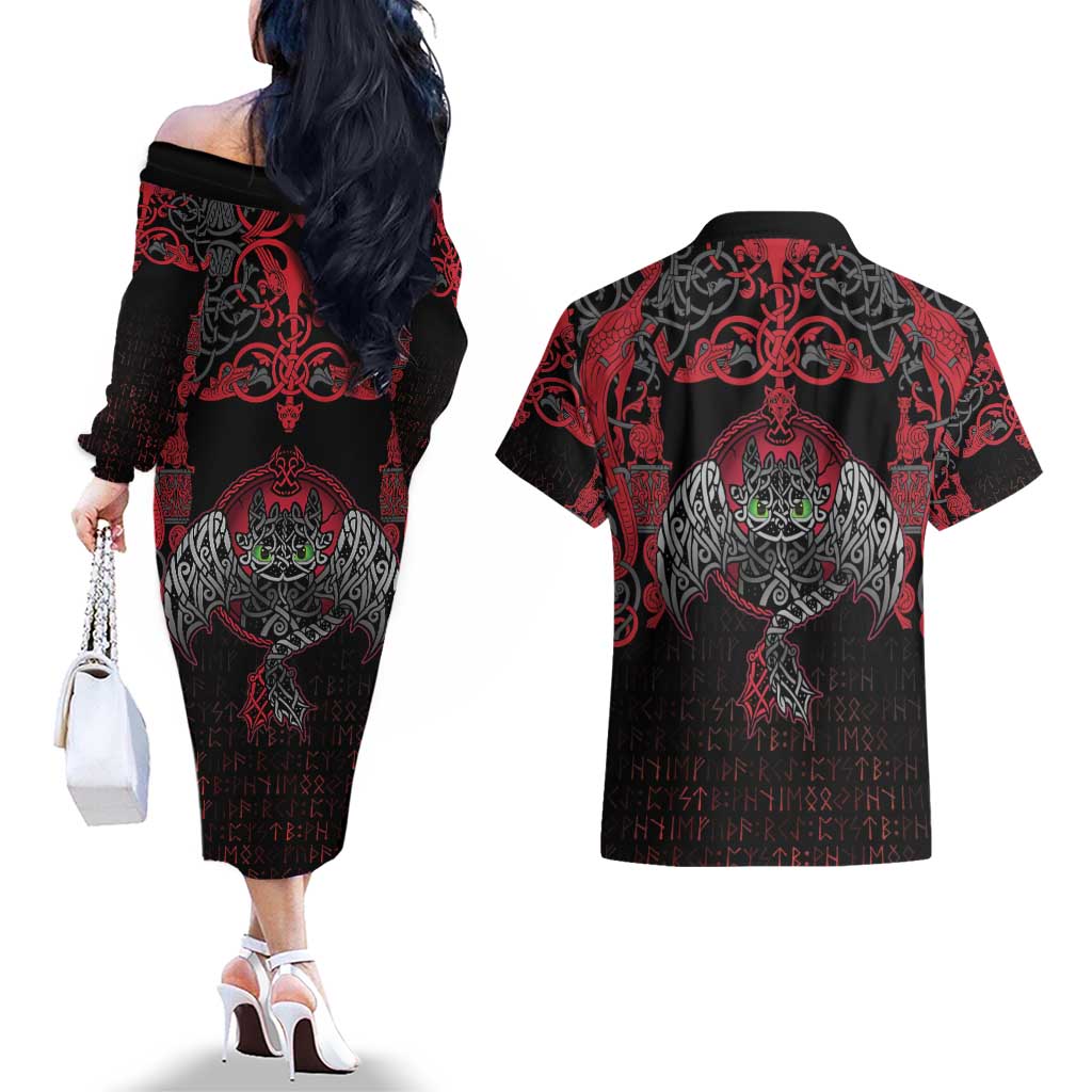 Black Dragon Vikings Couples Matching Off The Shoulder Long Sleeve Dress and Hawaiian Shirt - Wonder Print Shop