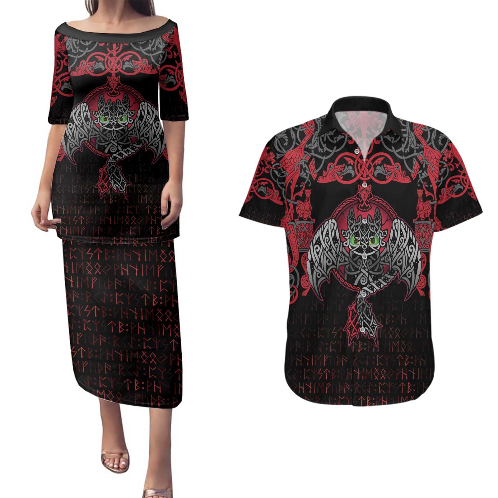 Black Dragon Vikings Couples Matching Puletasi and Hawaiian Shirt - Wonder Print Shop