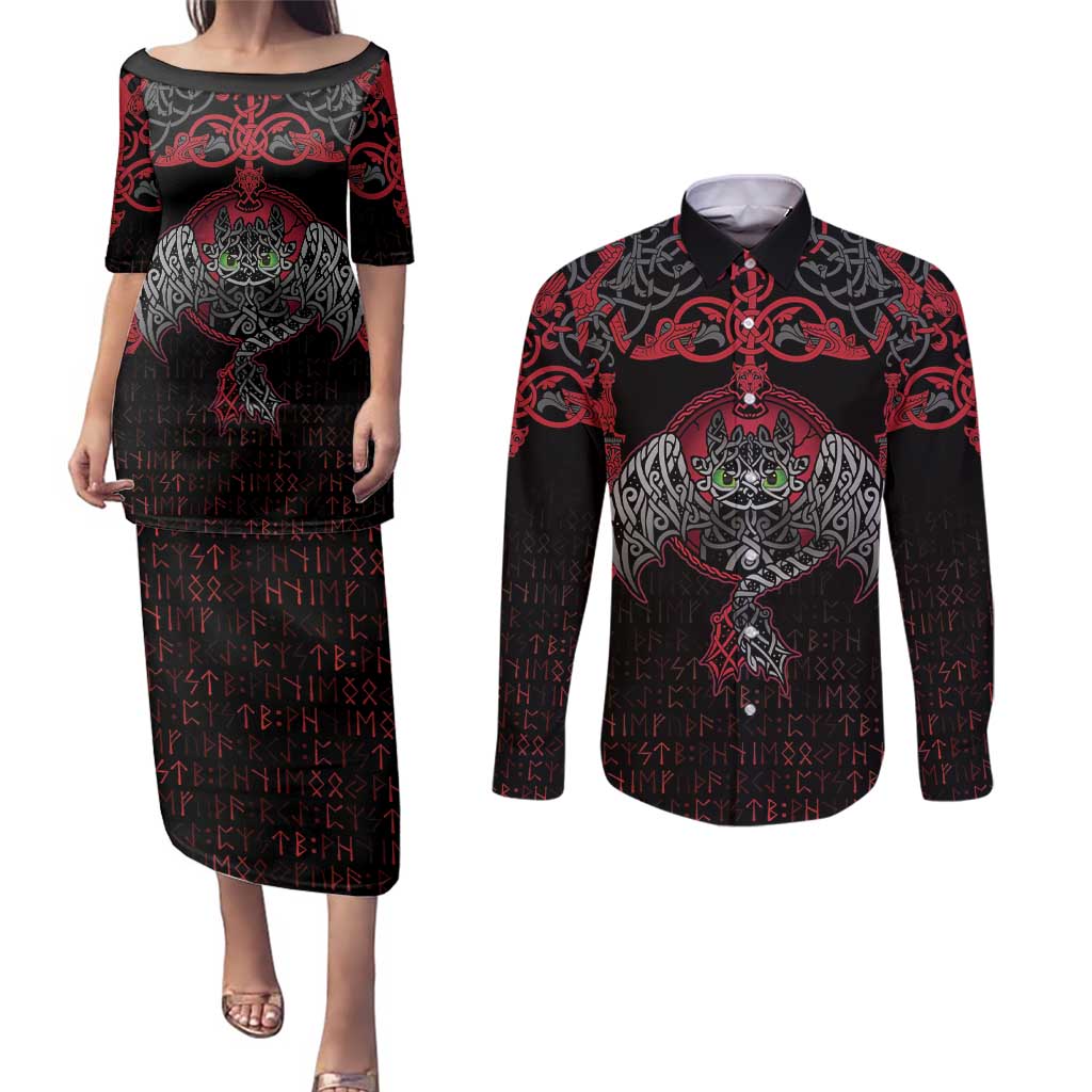 Black Dragon Vikings Couples Matching Puletasi and Long Sleeve Button Shirt - Wonder Print Shop