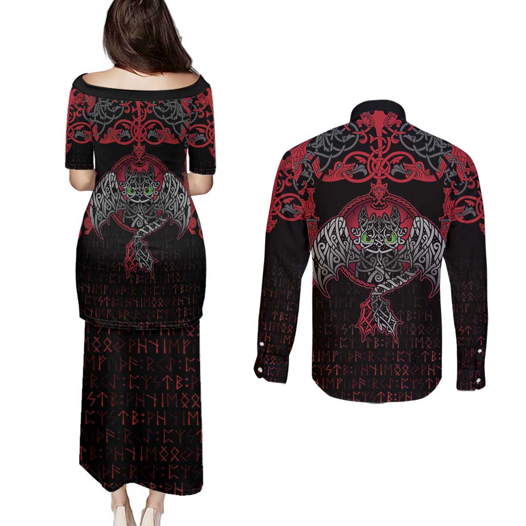 Black Dragon Vikings Couples Matching Puletasi and Long Sleeve Button Shirt - Wonder Print Shop