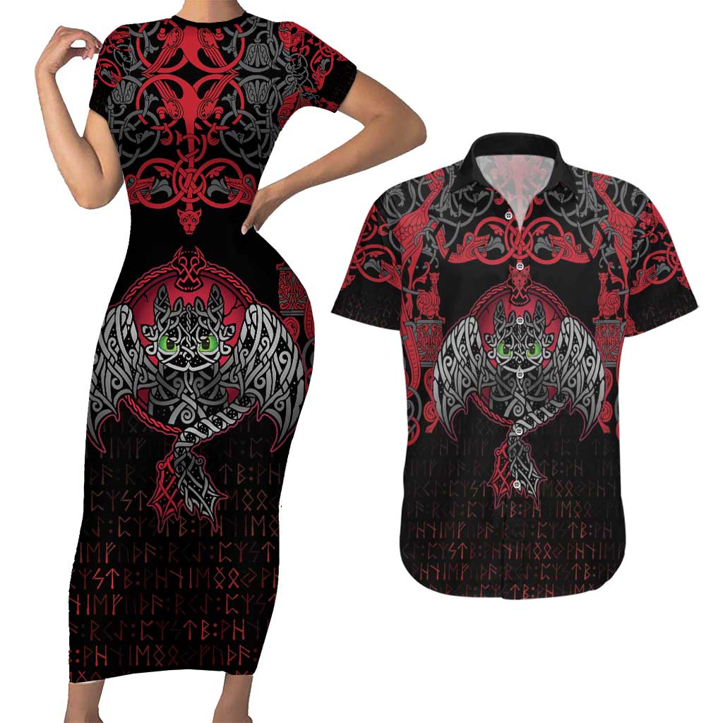Black Dragon Vikings Couples Matching Short Sleeve Bodycon Dress and Hawaiian Shirt - Wonder Print Shop