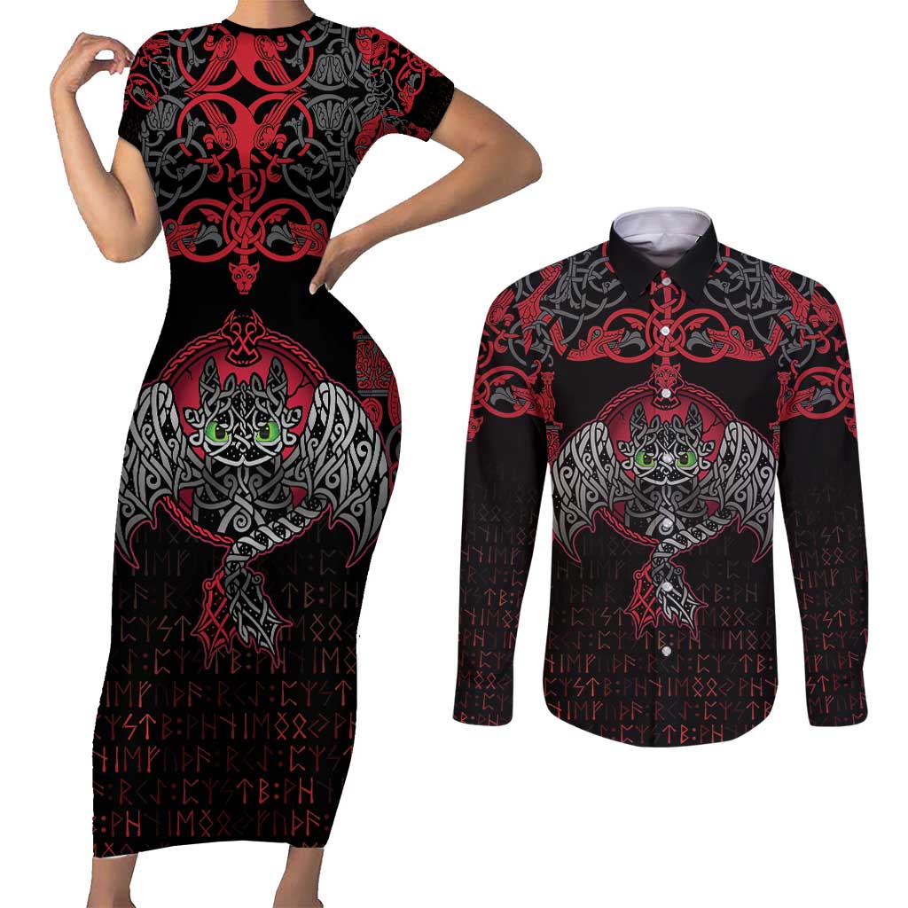 Black Dragon Vikings Couples Matching Short Sleeve Bodycon Dress and Long Sleeve Button Shirt - Wonder Print Shop