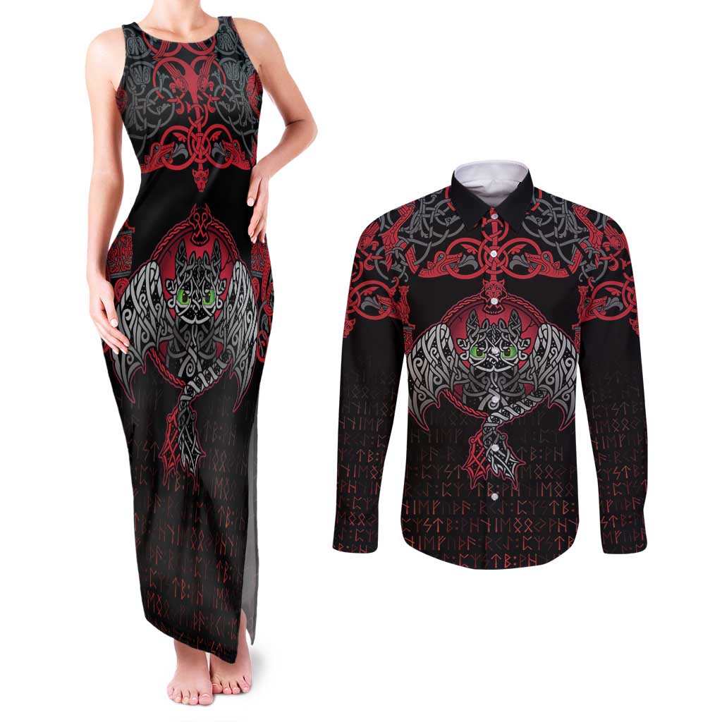 Black Dragon Vikings Couples Matching Tank Maxi Dress and Long Sleeve Button Shirt - Wonder Print Shop