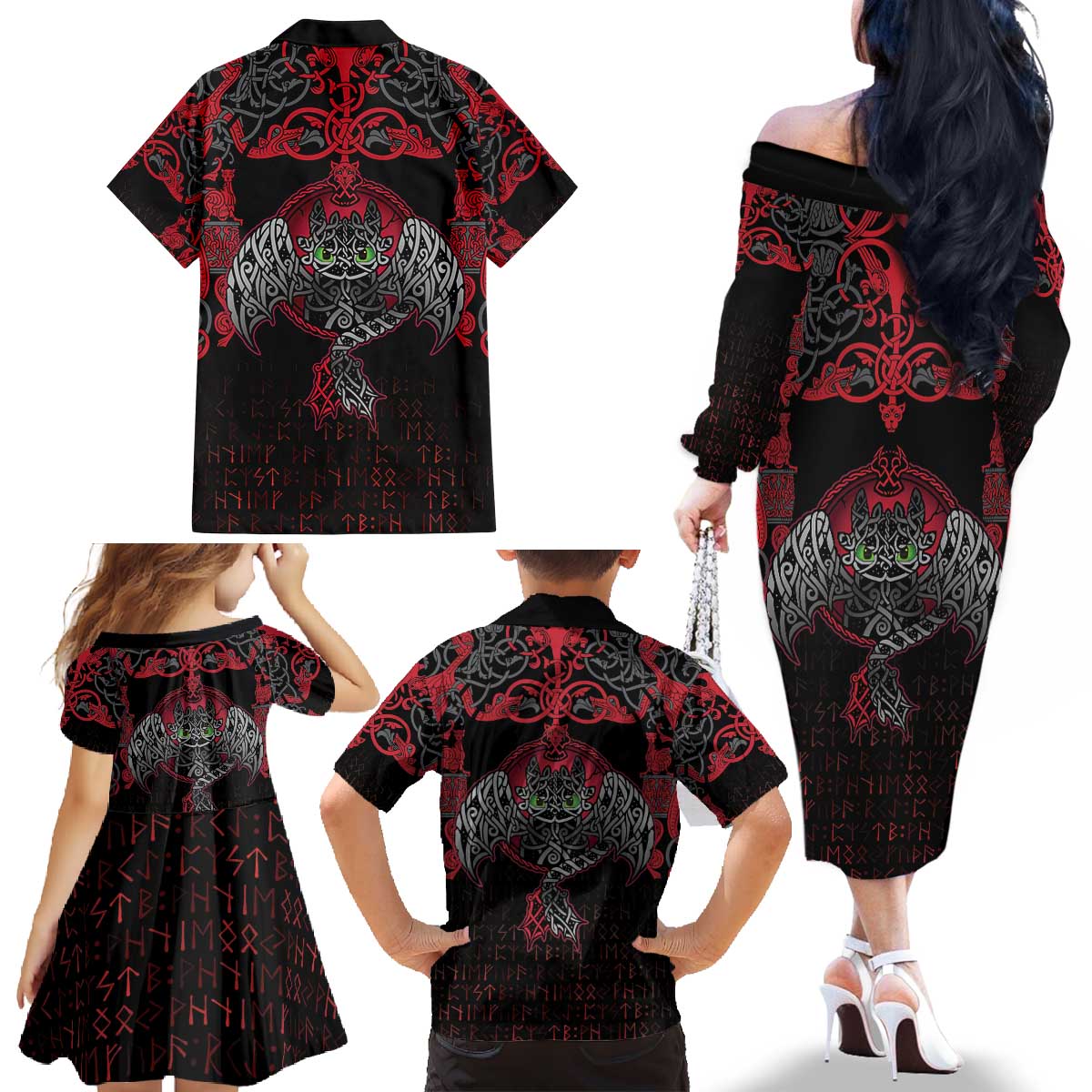 Black Dragon Vikings Family Matching Off The Shoulder Long Sleeve Dress and Hawaiian Shirt - Wonder Print Shop