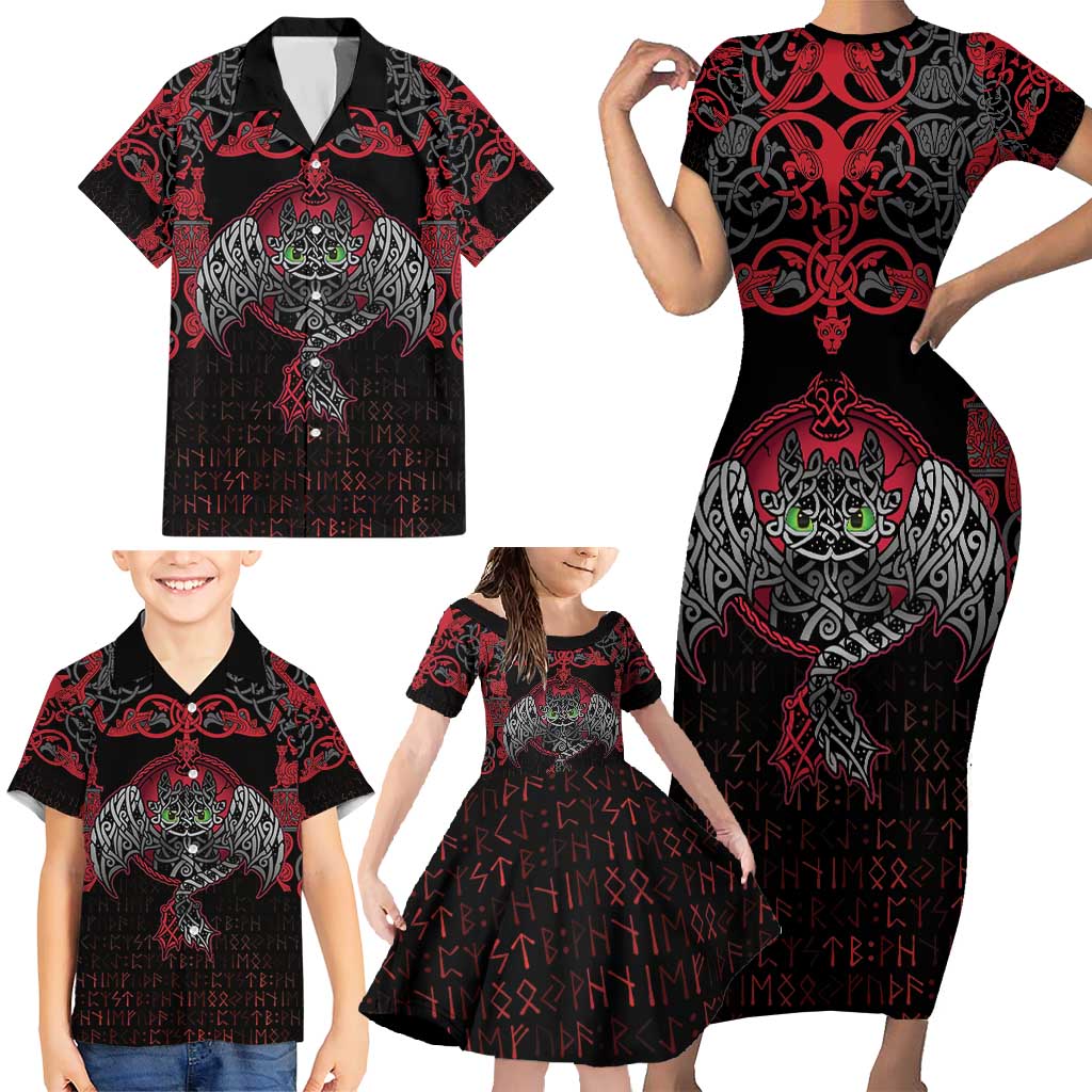 Black Dragon Vikings Family Matching Short Sleeve Bodycon Dress and Hawaiian Shirt - Wonder Print Shop