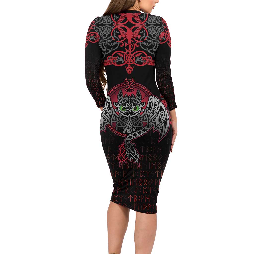Black Dragon Vikings Long Sleeve Bodycon Dress - Wonder Print Shop