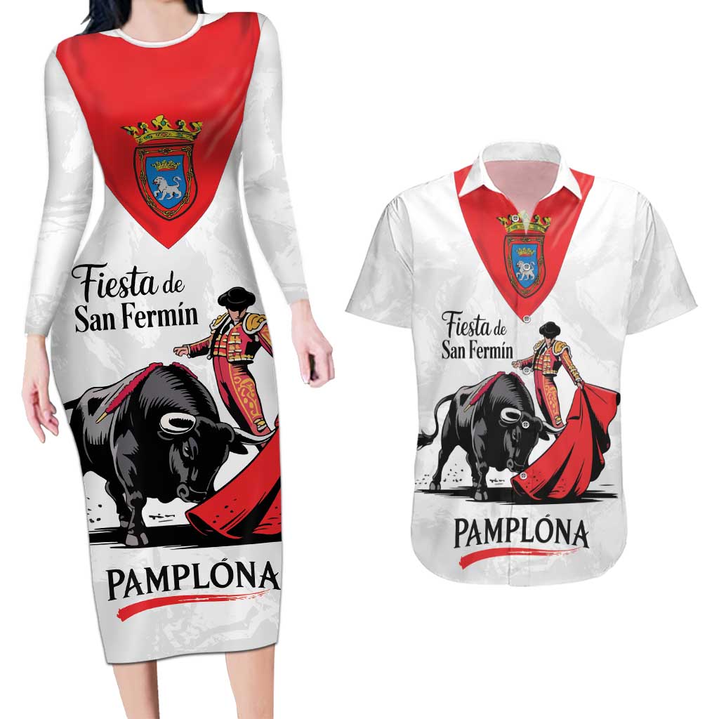 Personalized San Fermin Festival Couples Matching Long Sleeve Bodycon Dress and Hawaiian Shirt Pamplona Bull Run - Wonder Print Shop
