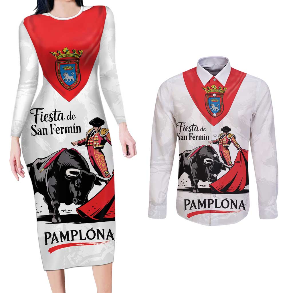 Personalized San Fermin Festival Couples Matching Long Sleeve Bodycon Dress and Long Sleeve Button Shirt Pamplona Bull Run - Wonder Print Shop