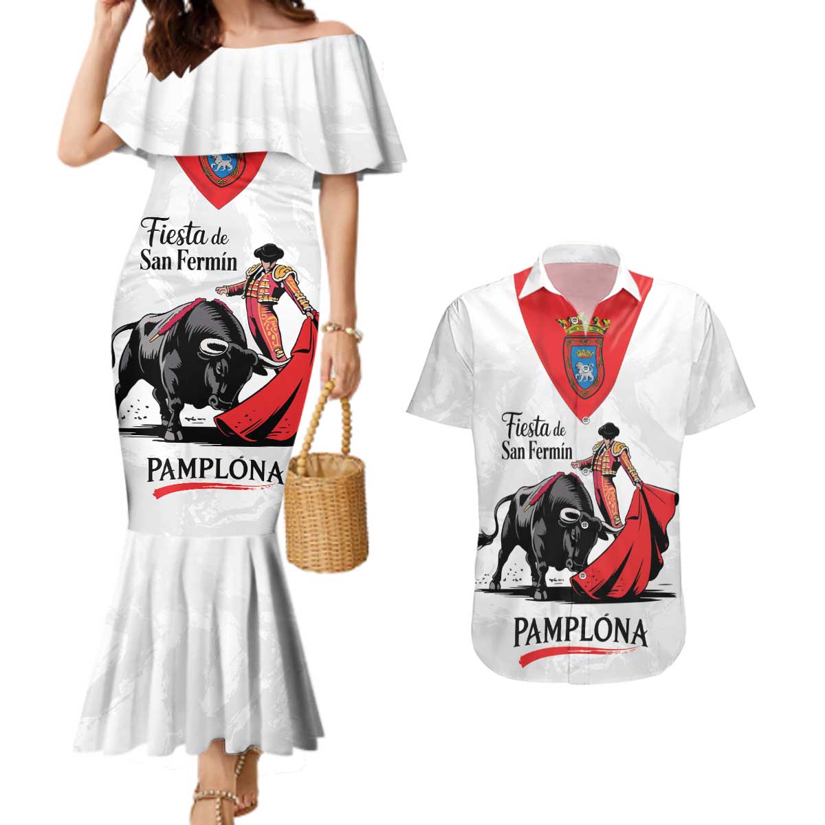 Personalized San Fermin Festival Couples Matching Mermaid Dress and Hawaiian Shirt Pamplona Bull Run - Wonder Print Shop