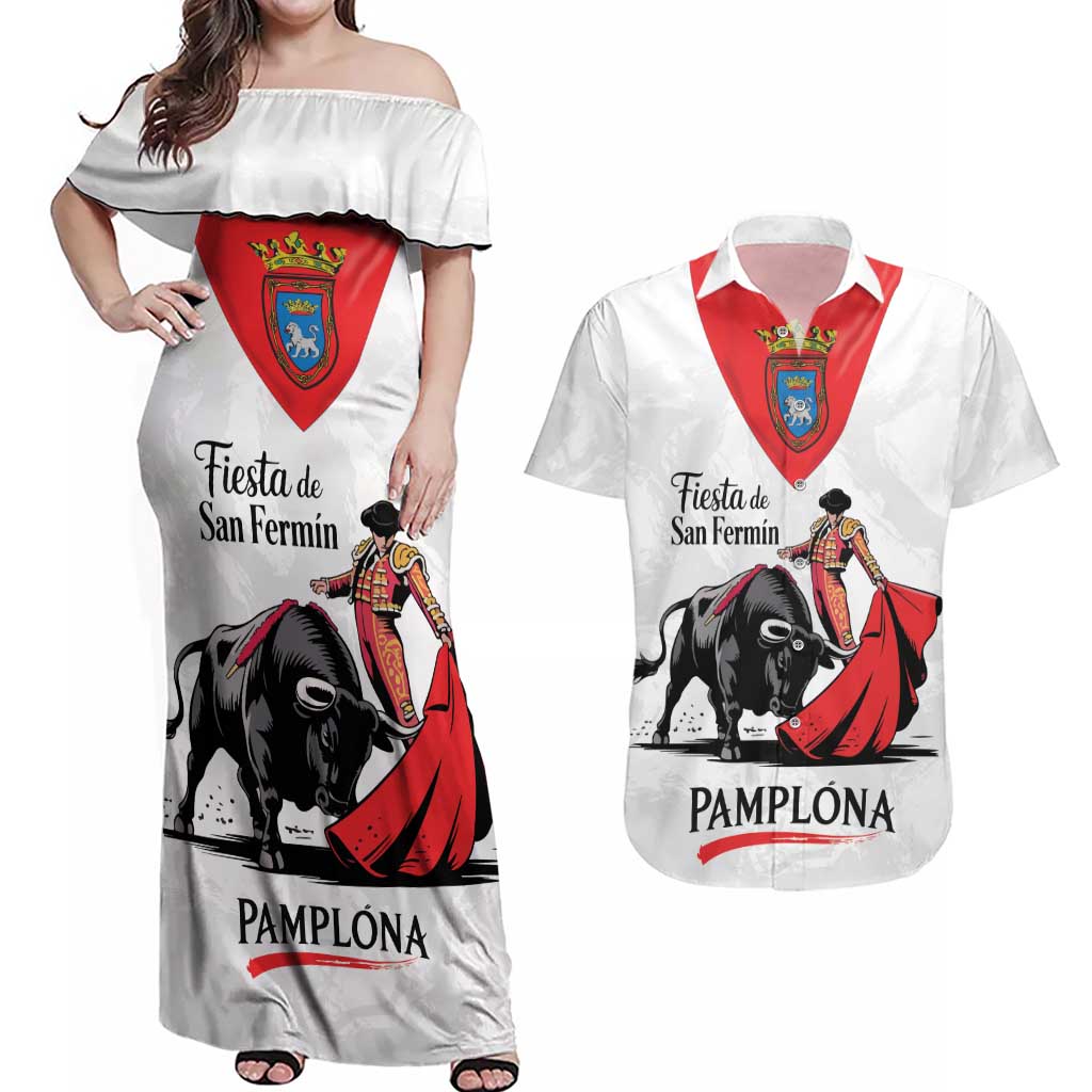 Personalized San Fermin Festival Couples Matching Off Shoulder Maxi Dress and Hawaiian Shirt Pamplona Bull Run - Wonder Print Shop