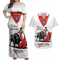 Personalized San Fermin Festival Couples Matching Off Shoulder Maxi Dress and Hawaiian Shirt Pamplona Bull Run - Wonder Print Shop