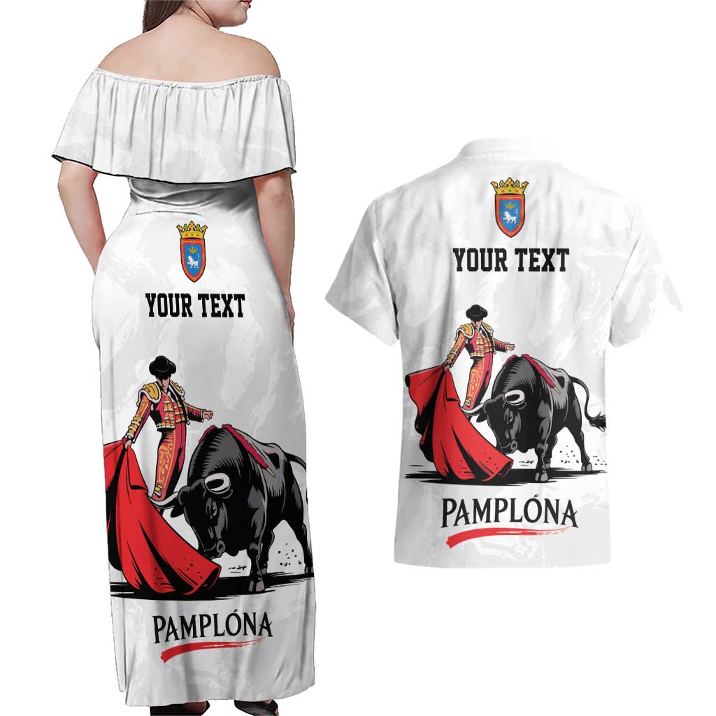 Personalized San Fermin Festival Couples Matching Off Shoulder Maxi Dress and Hawaiian Shirt Pamplona Bull Run - Wonder Print Shop