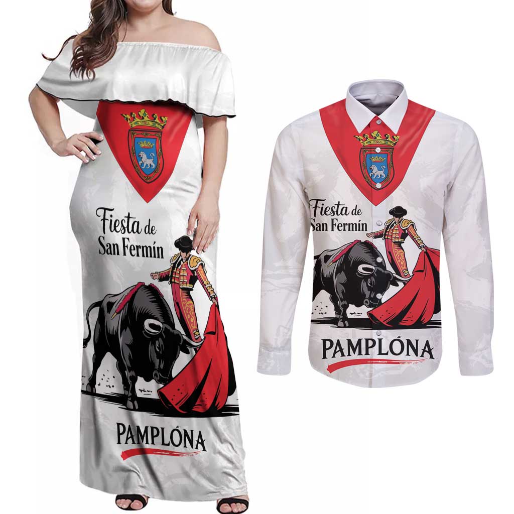 Personalized San Fermin Festival Couples Matching Off Shoulder Maxi Dress and Long Sleeve Button Shirt Pamplona Bull Run - Wonder Print Shop