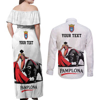 Personalized San Fermin Festival Couples Matching Off Shoulder Maxi Dress and Long Sleeve Button Shirt Pamplona Bull Run - Wonder Print Shop