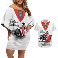 Personalized San Fermin Festival Couples Matching Off Shoulder Short Dress and Hawaiian Shirt Pamplona Bull Run - Wonder Print Shop
