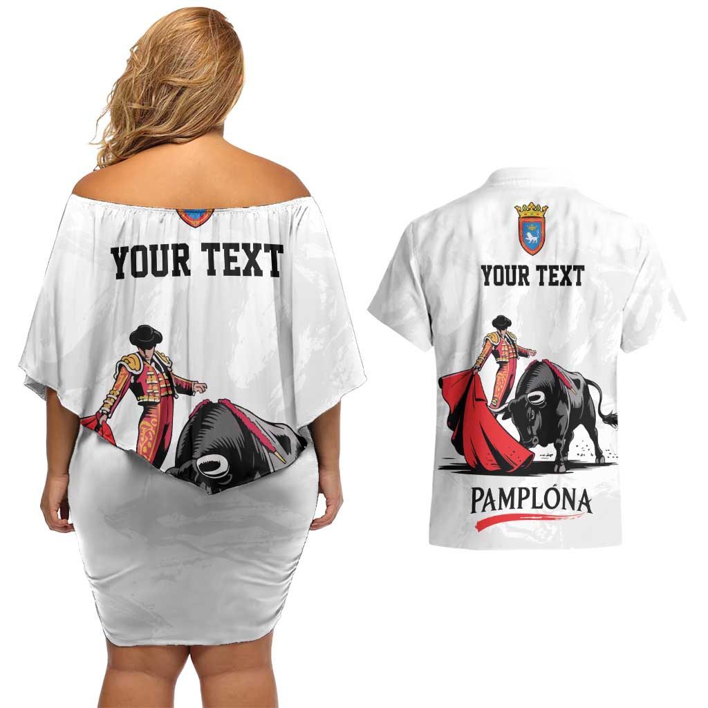 Personalized San Fermin Festival Couples Matching Off Shoulder Short Dress and Hawaiian Shirt Pamplona Bull Run - Wonder Print Shop