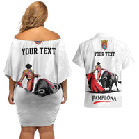 Personalized San Fermin Festival Couples Matching Off Shoulder Short Dress and Hawaiian Shirt Pamplona Bull Run - Wonder Print Shop