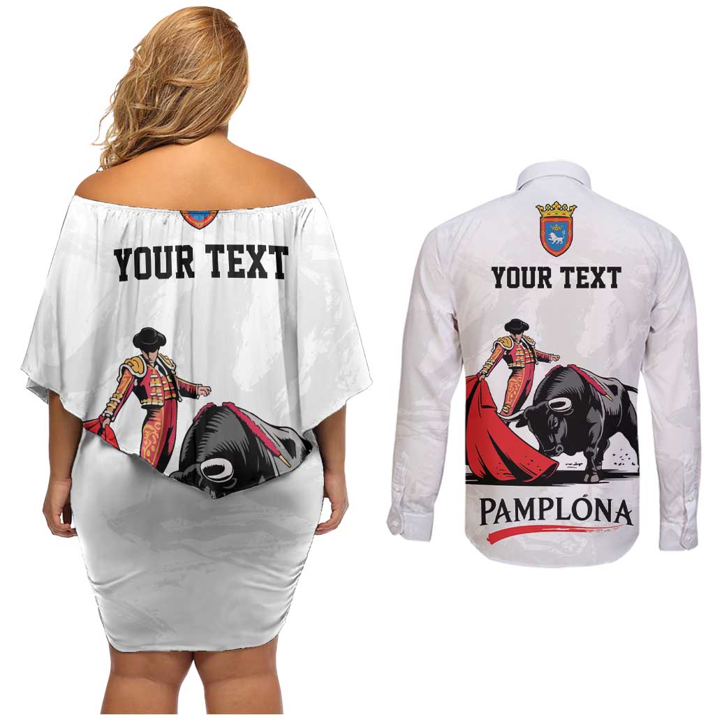 Personalized San Fermin Festival Couples Matching Off Shoulder Short Dress and Long Sleeve Button Shirt Pamplona Bull Run - Wonder Print Shop