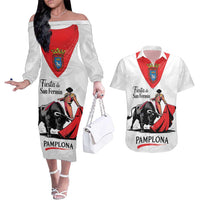 Personalized San Fermin Festival Couples Matching Off The Shoulder Long Sleeve Dress and Hawaiian Shirt Pamplona Bull Run - Wonder Print Shop