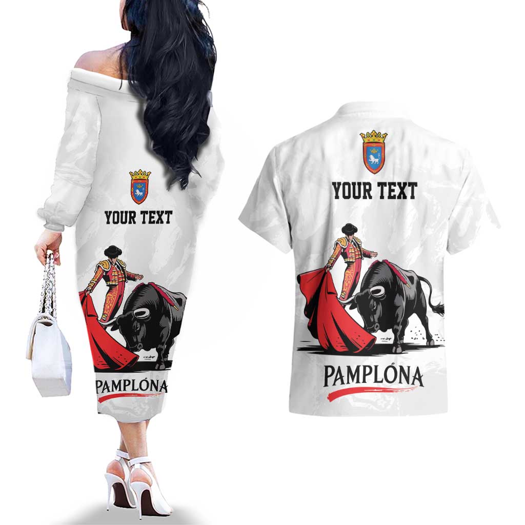 Personalized San Fermin Festival Couples Matching Off The Shoulder Long Sleeve Dress and Hawaiian Shirt Pamplona Bull Run - Wonder Print Shop
