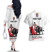Personalized San Fermin Festival Couples Matching Off The Shoulder Long Sleeve Dress and Hawaiian Shirt Pamplona Bull Run - Wonder Print Shop