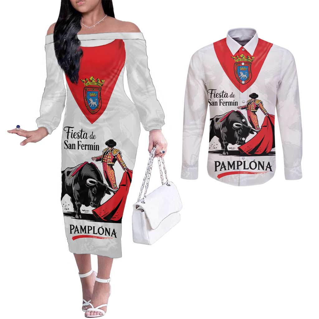 Personalized San Fermin Festival Couples Matching Off The Shoulder Long Sleeve Dress and Long Sleeve Button Shirt Pamplona Bull Run - Wonder Print Shop