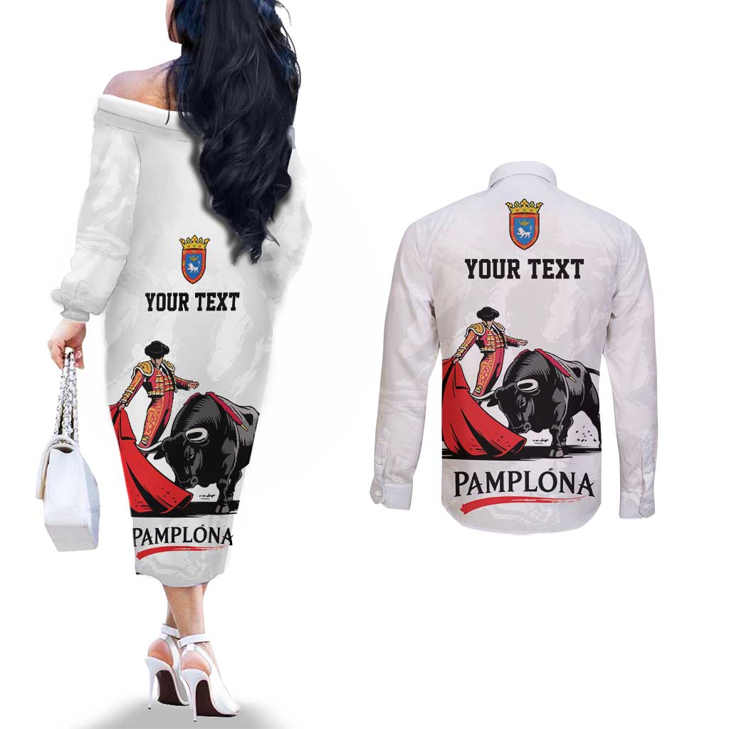Personalized San Fermin Festival Couples Matching Off The Shoulder Long Sleeve Dress and Long Sleeve Button Shirt Pamplona Bull Run - Wonder Print Shop