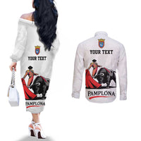 Personalized San Fermin Festival Couples Matching Off The Shoulder Long Sleeve Dress and Long Sleeve Button Shirt Pamplona Bull Run - Wonder Print Shop