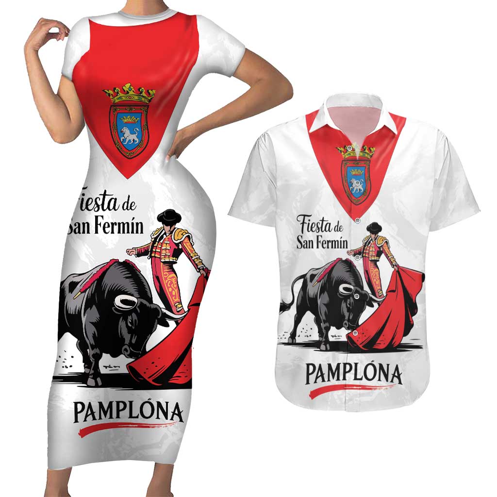 Personalized San Fermin Festival Couples Matching Short Sleeve Bodycon Dress and Hawaiian Shirt Pamplona Bull Run - Wonder Print Shop