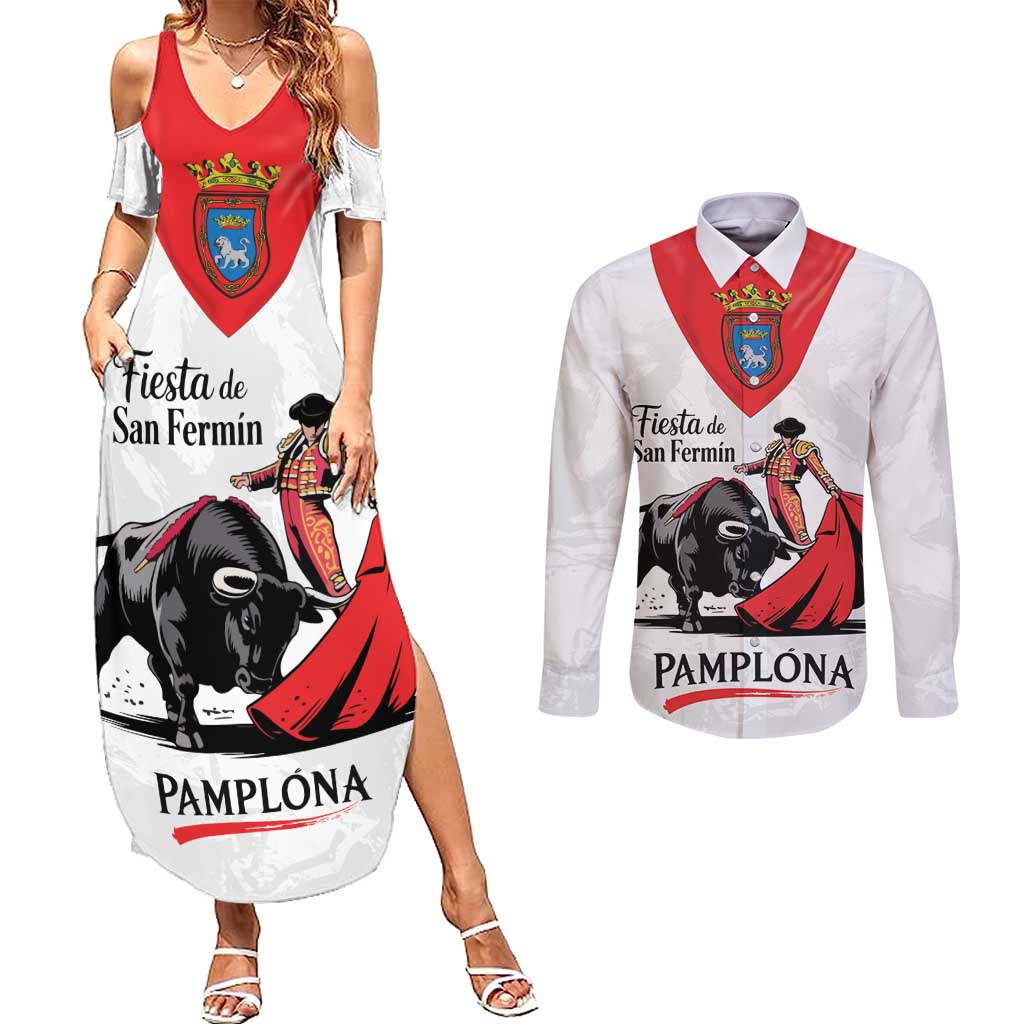 Personalized San Fermin Festival Couples Matching Summer Maxi Dress and Long Sleeve Button Shirt Pamplona Bull Run - Wonder Print Shop